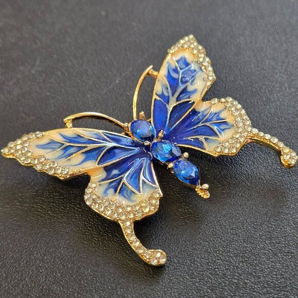Blue Enamel Butterfly Brooch Rhinestone Gold Tone Pin Sparkly Costume Jewelry - Picture 2 of 7